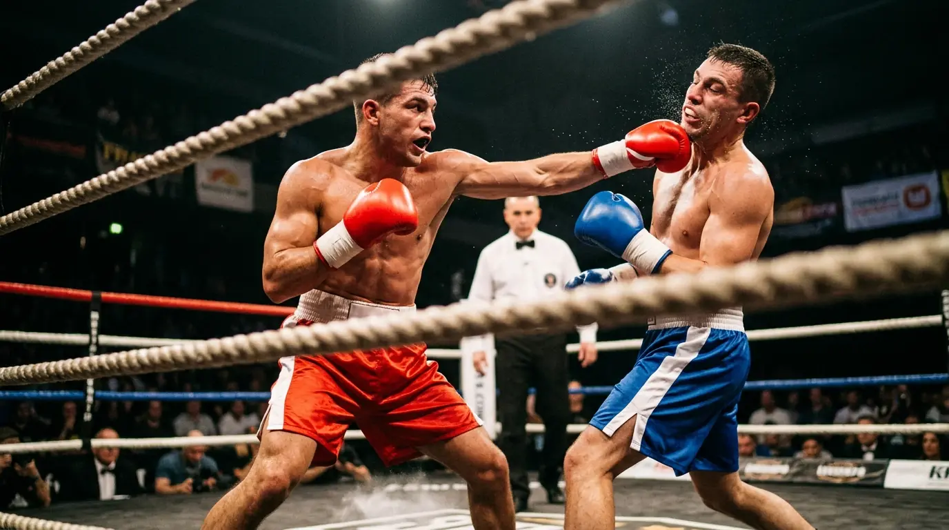 Boxer landet einen sauberen rechten Treffer im Profikampf, Schiedsrichter im Hintergrund